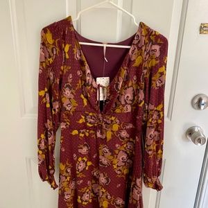NWT Free People Long Sleeve Floral Dress Maroon/Purple Size 4